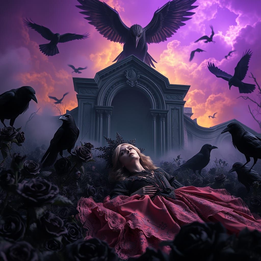 Dark Fantasy Goddess in Victorian Mourning, Haunted by Raven...