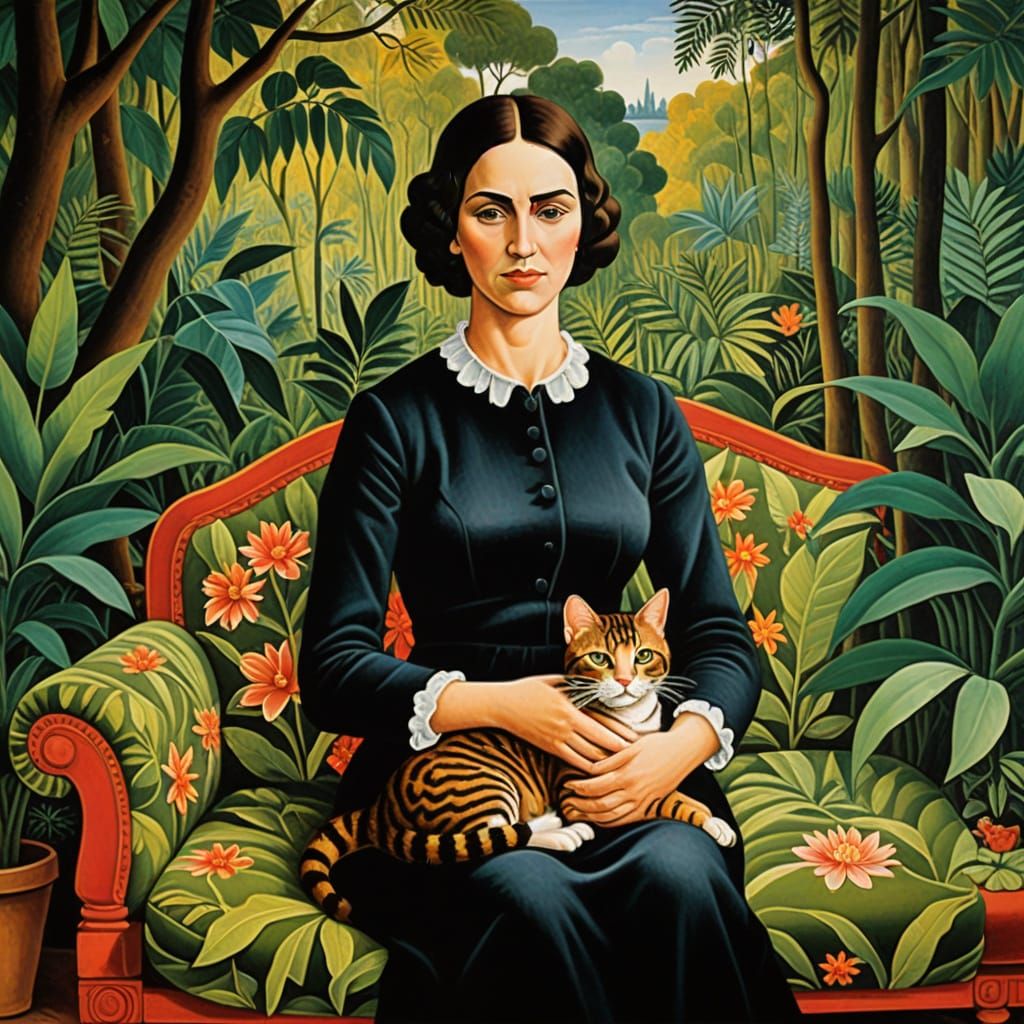 Woman in Jungle Jungle Scene with Cat in the Style of Henri ...