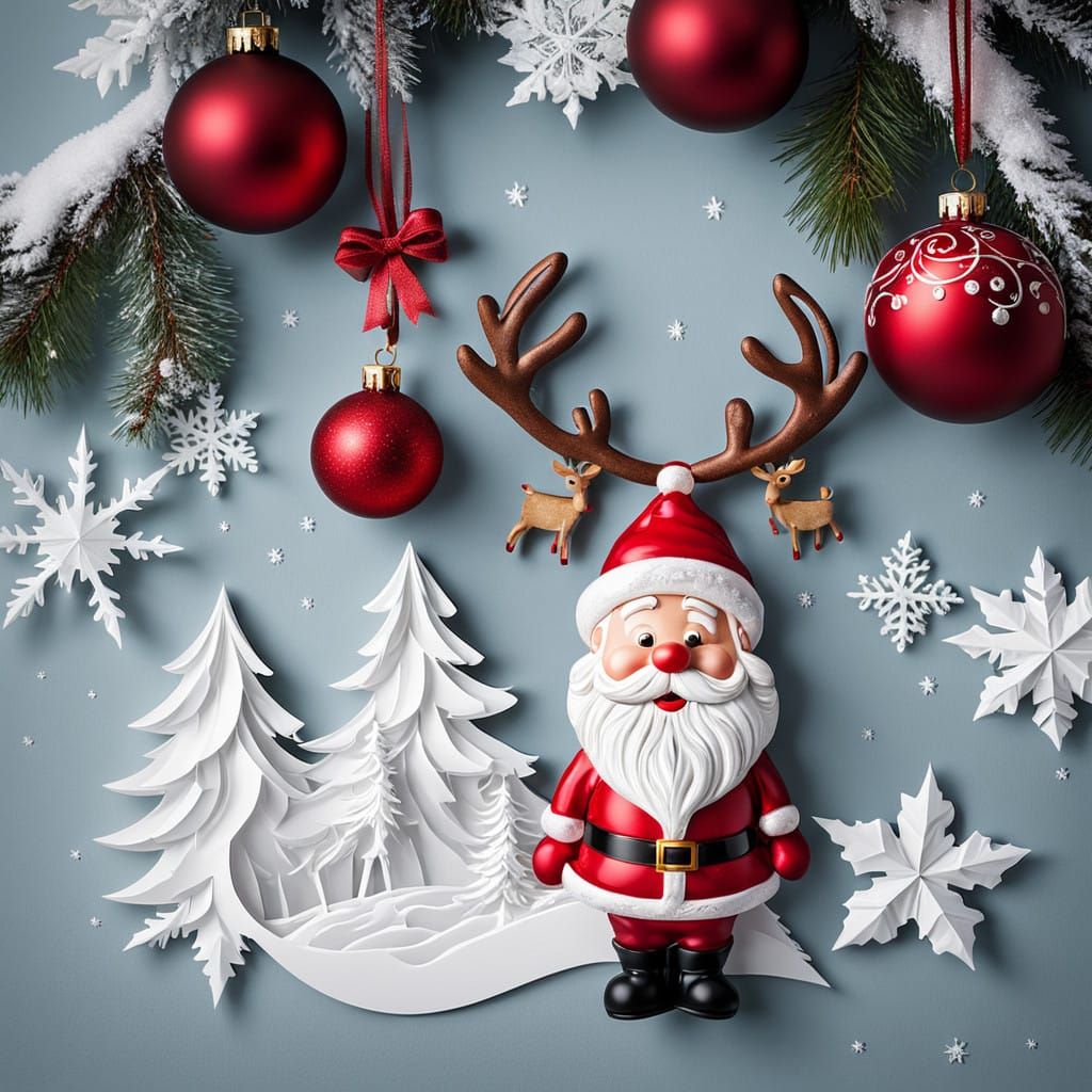 Cinematic Santa Claus standing with reindeer in the snow aro...