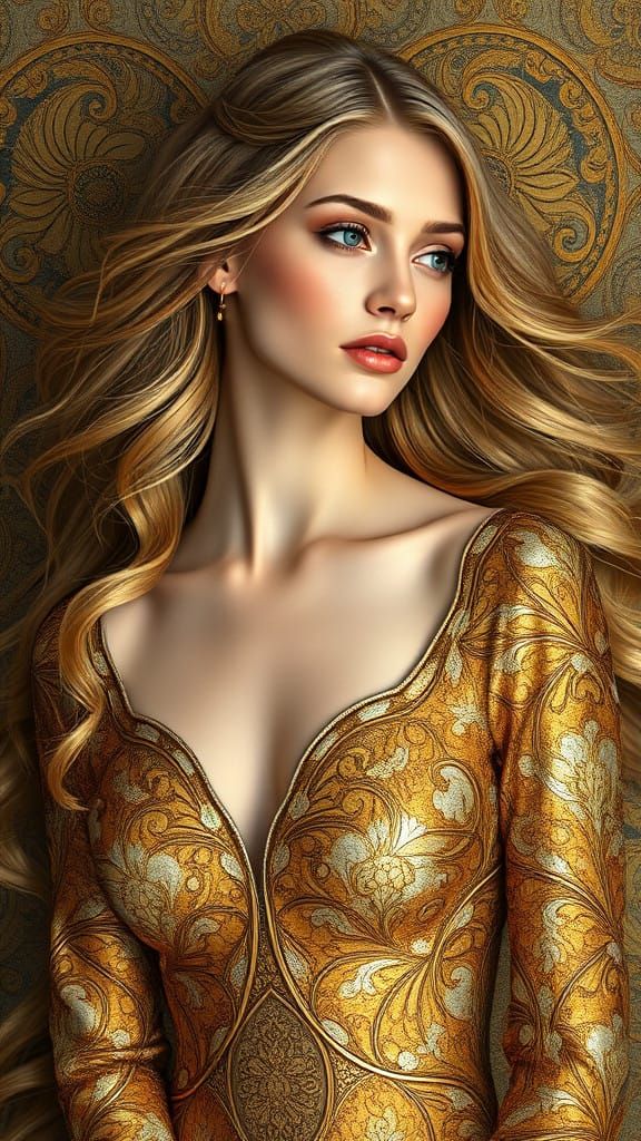 Beautiful Lady in the Style of Gustav Klimt's Art Nouveau.🌾