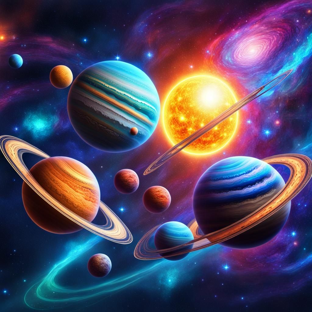 Galleon Sailing Through a Colorful Three-Star Solar System