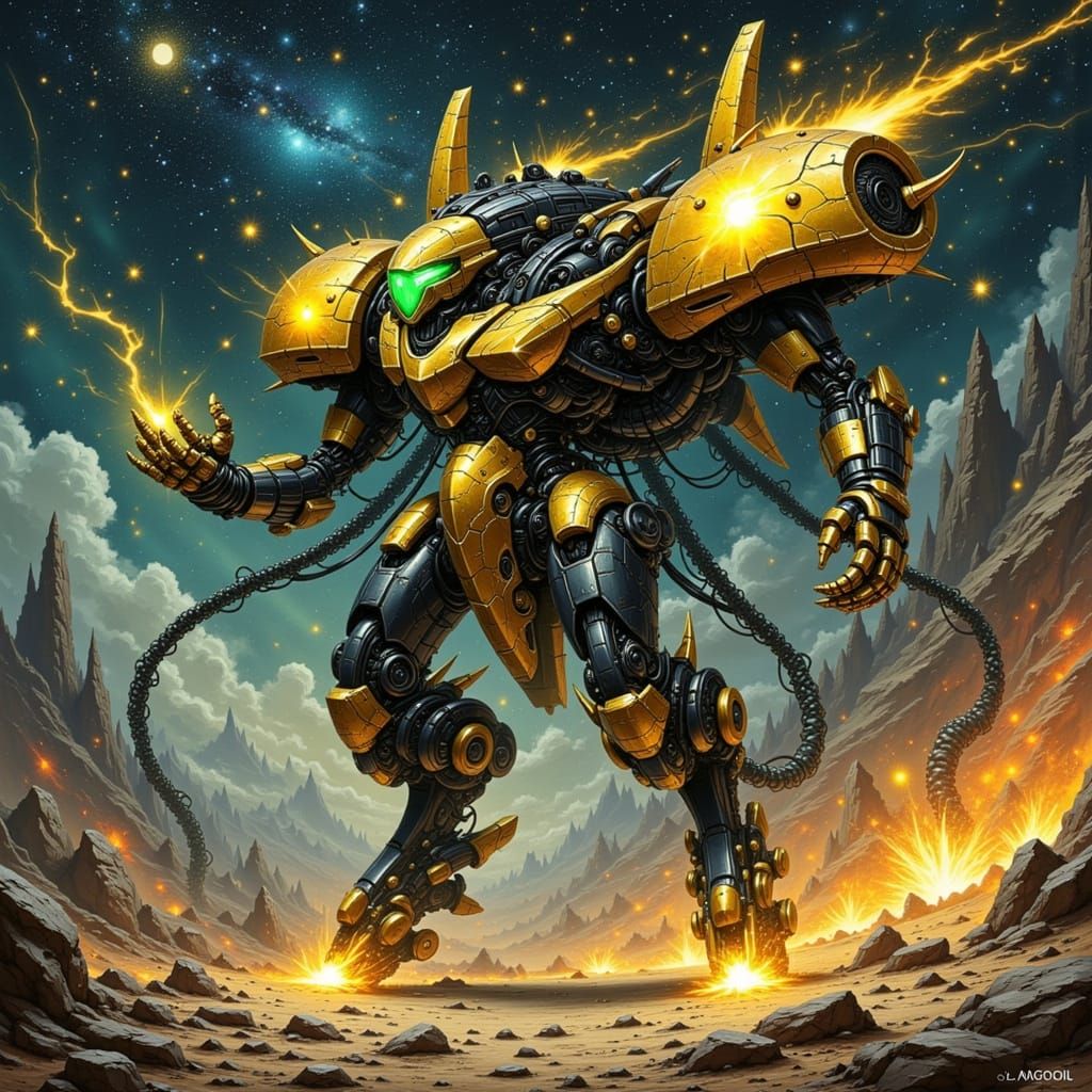Gold and Black Mecha with Kintsugi Cracks