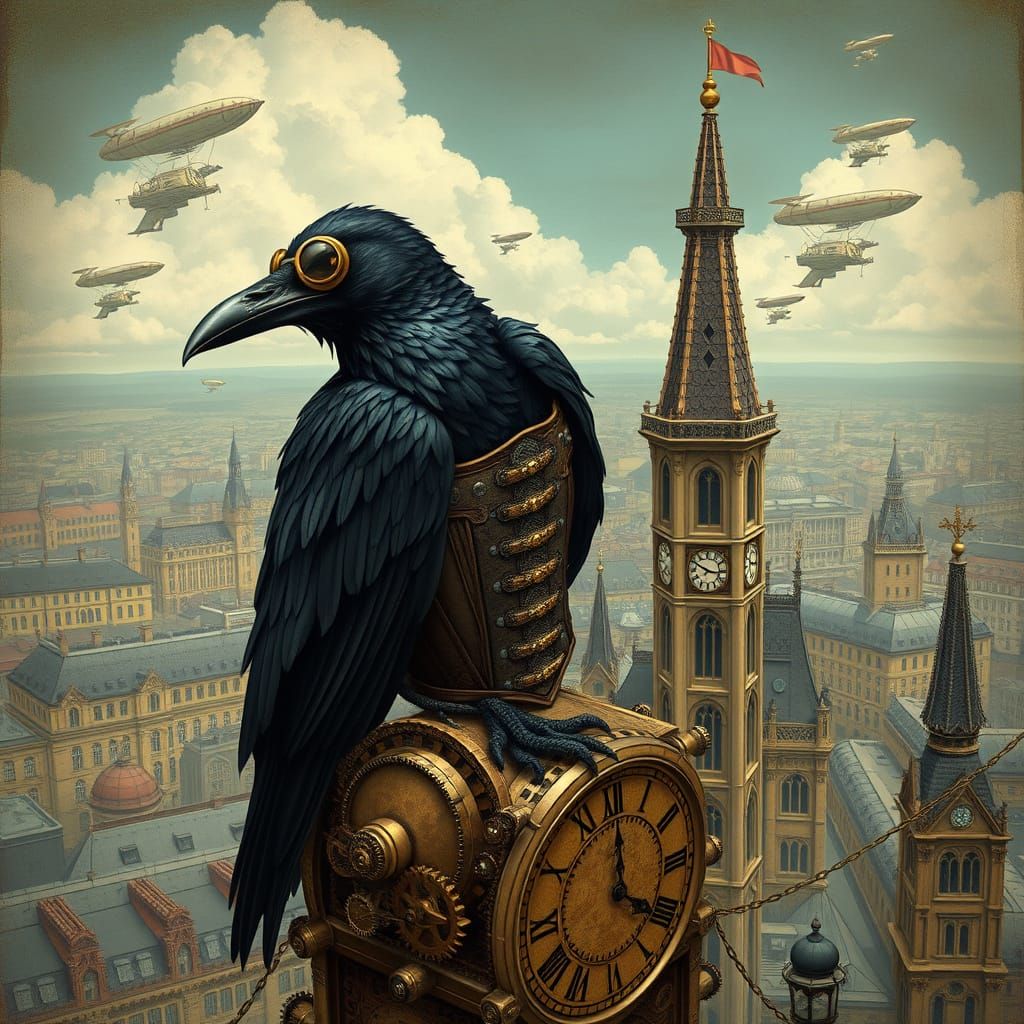 Steampunk Raven on Gothic Clock Tower
