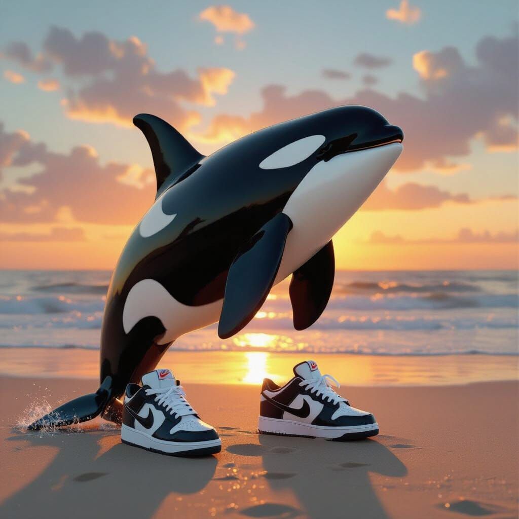 Orca in Nike Shoes on Beach at Sunset