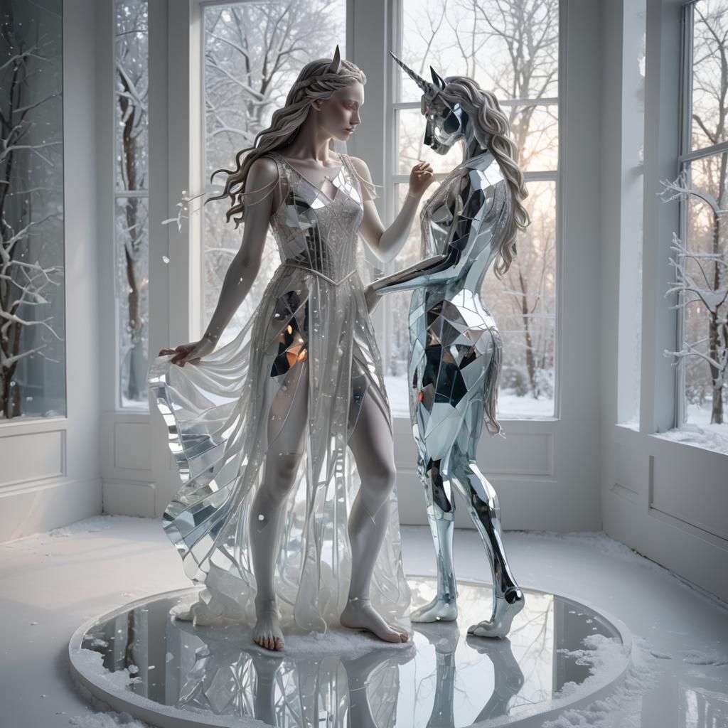 Crystal Sculpture: Lady with Unicorn on Snowy Mirror