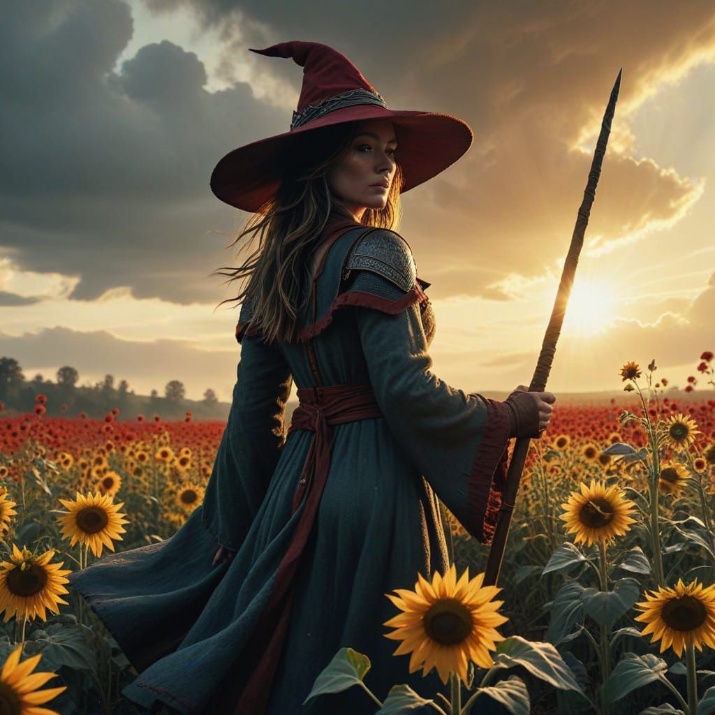 Fantasy Sorceress in a Field of Sunflowers