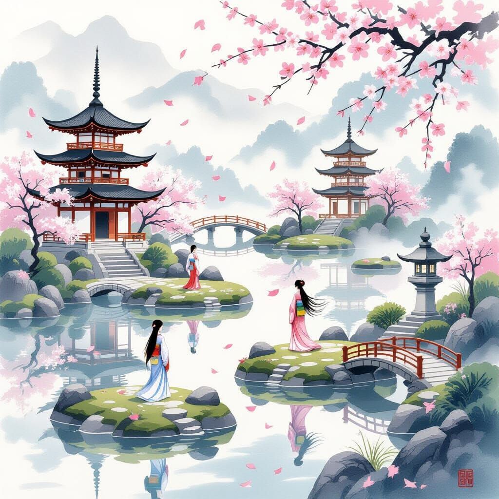 Floating Japanese Garden Islands in Misty Sea