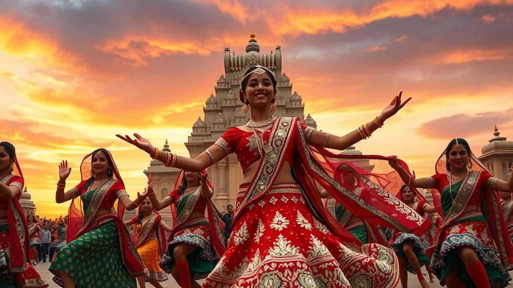 Bollywood Dancers Perform at Temple in Indian Art Style