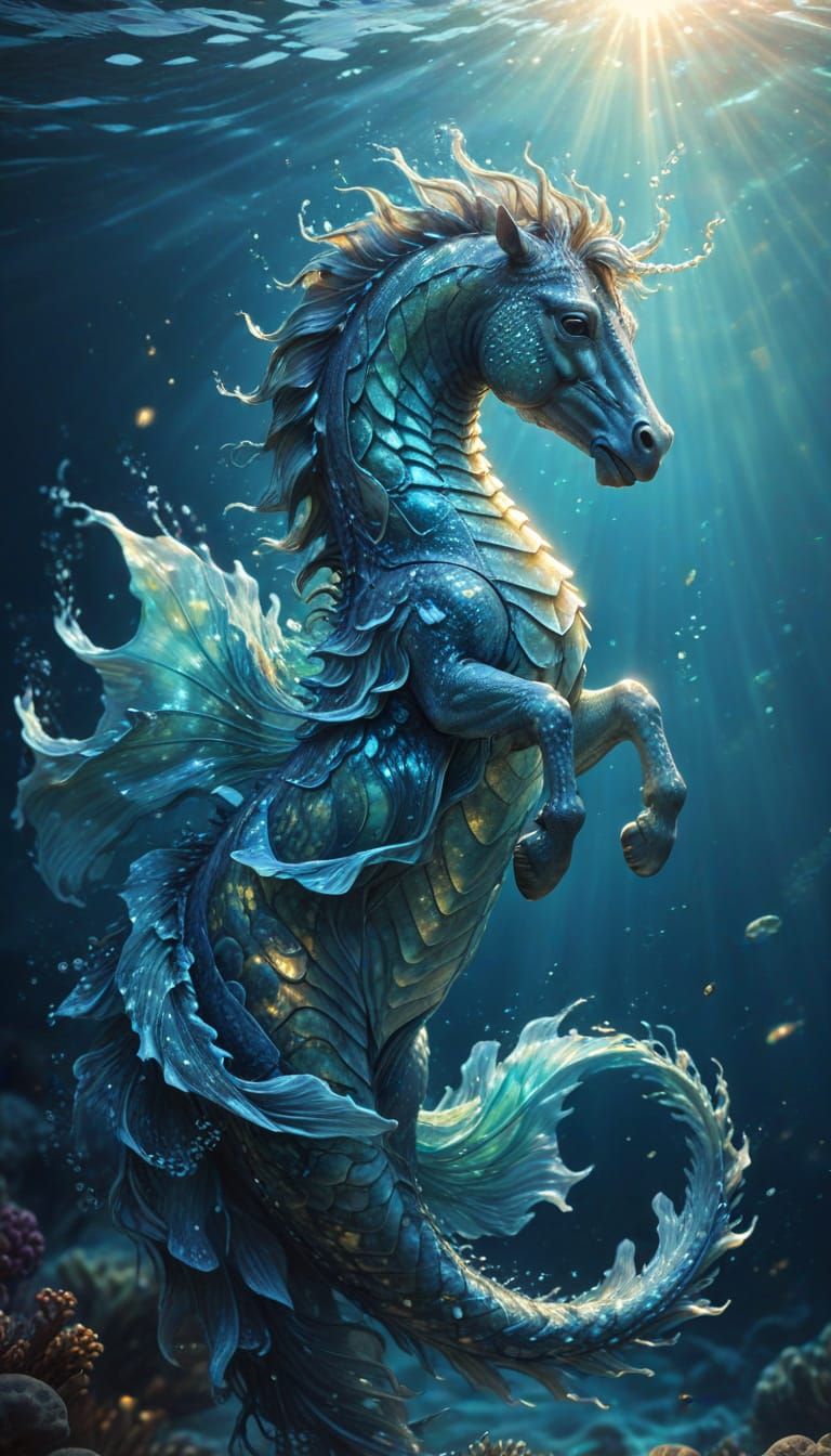 Majestic Hippocampus Swimming in Ocean Fantasy