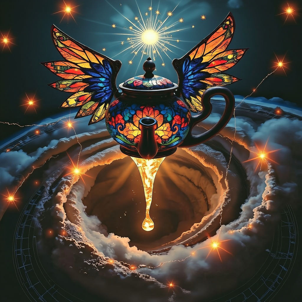 Mythological Teapot with Stained Glass Wings Above Cosmic Vo...