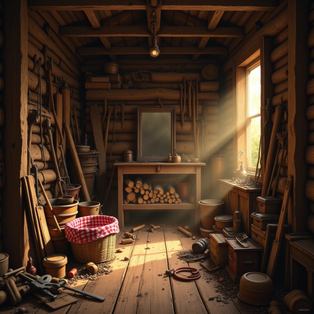 Rustic Shed Interior with Gingham Fabric