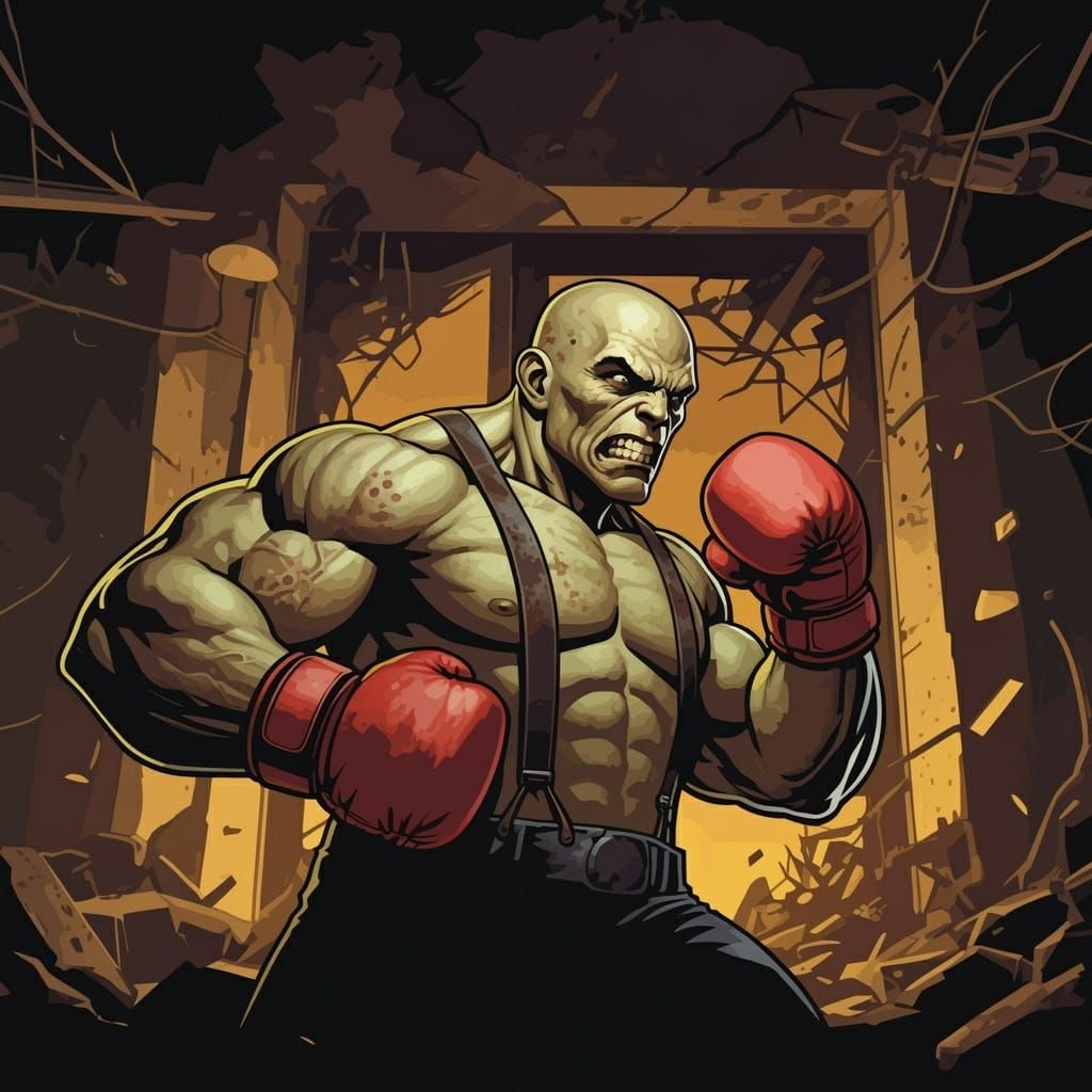 Hulking Super Mutant in a Post-Apocalyptic Landscape