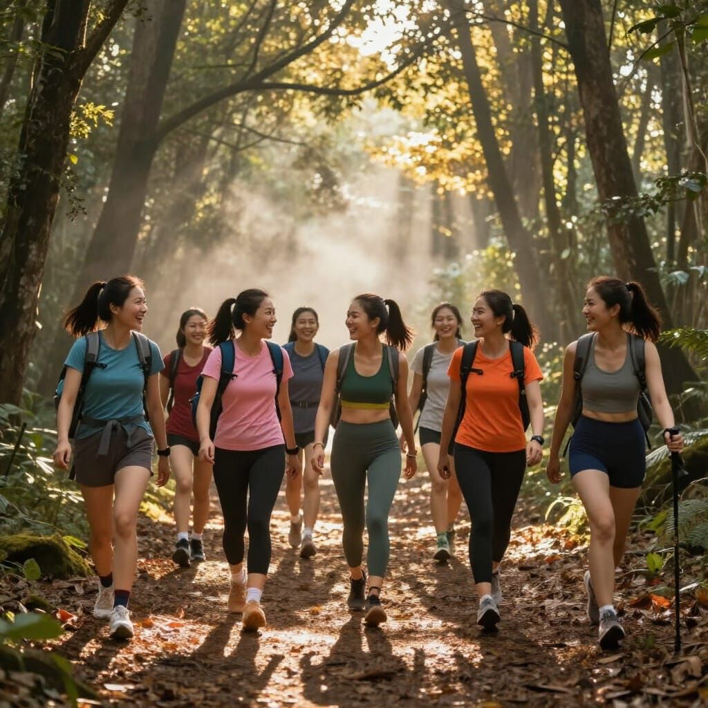 Asian Women Hiking in Sunlit Forest