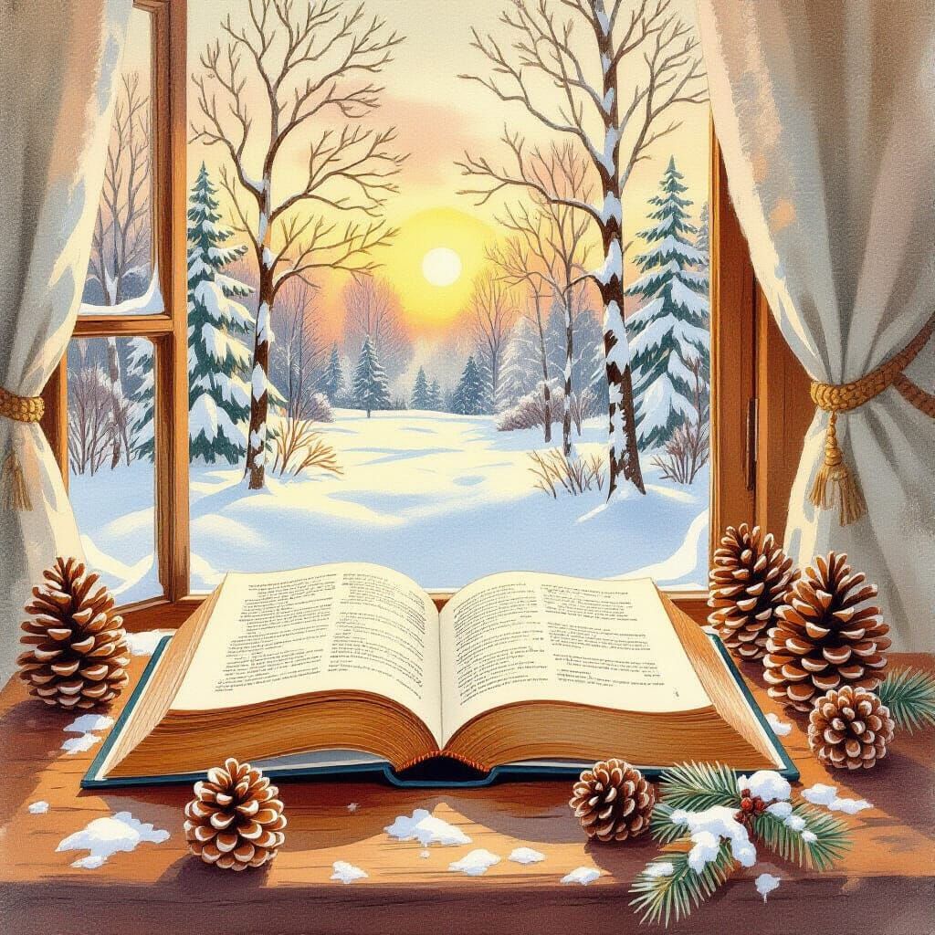 Winter Landscape Book Illustration in 1970s Postcard Style