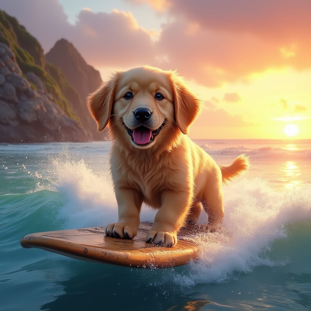 Golden Retriever Puppy Riding Surfboard at Sunset
