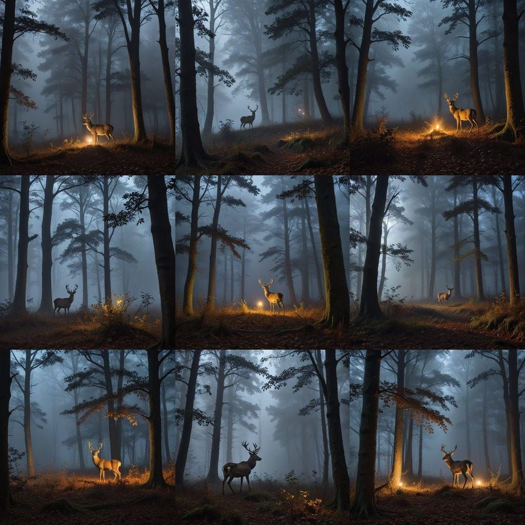 Deer in Autumn Fog on a Dark Night Forest