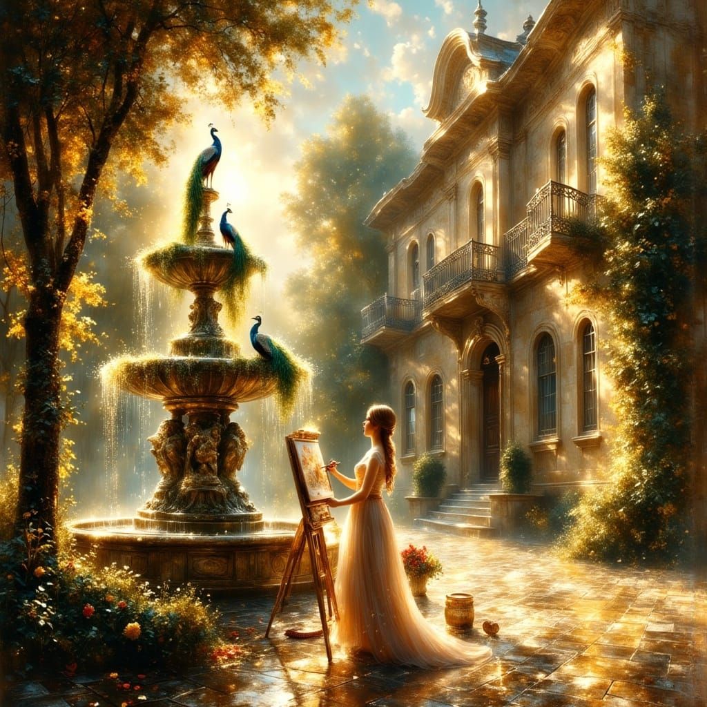 Estate Fountain with Peacock in Romantic Style