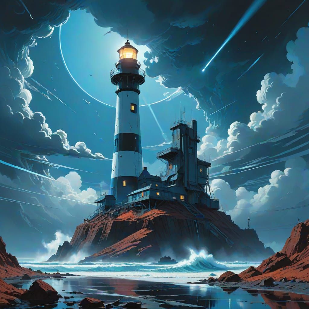 Futuristic Lighthouse Pierces Tempestuous Sky in Digital Art