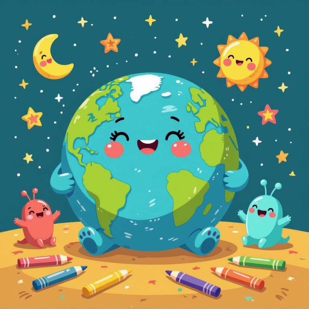 Chubby, happy Earth sits on a cosmic floor with crayons, drawing stars, moons, and silly alien friends. Crayon and color...