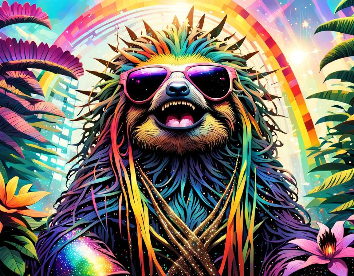 Surreal Sloth in Orchid Forest, Fractal Oil Painting