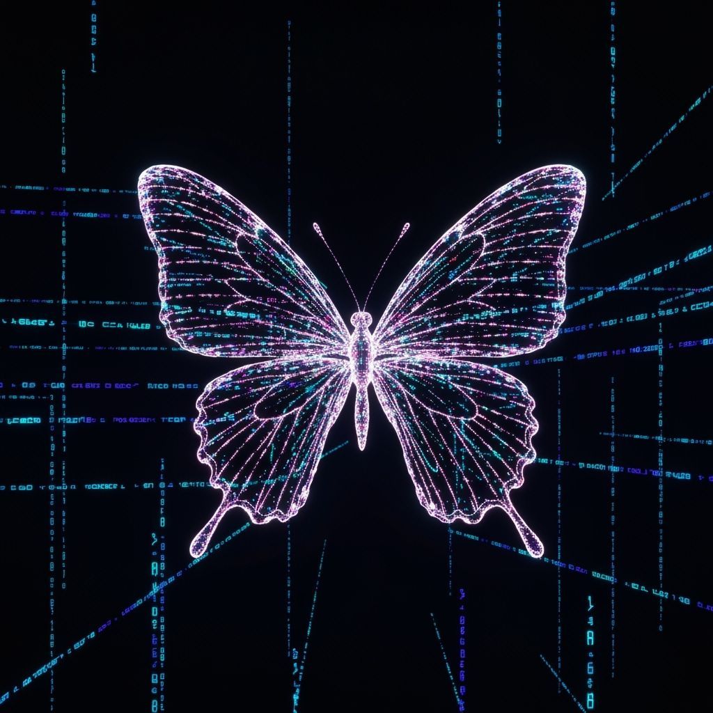 Digital Butterfly of Code in Matrix-like Night Sky
