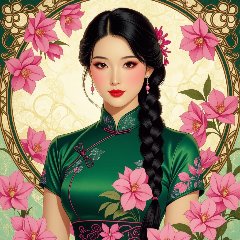 Chinese Model in Cheongsam, Art Nouveau Style