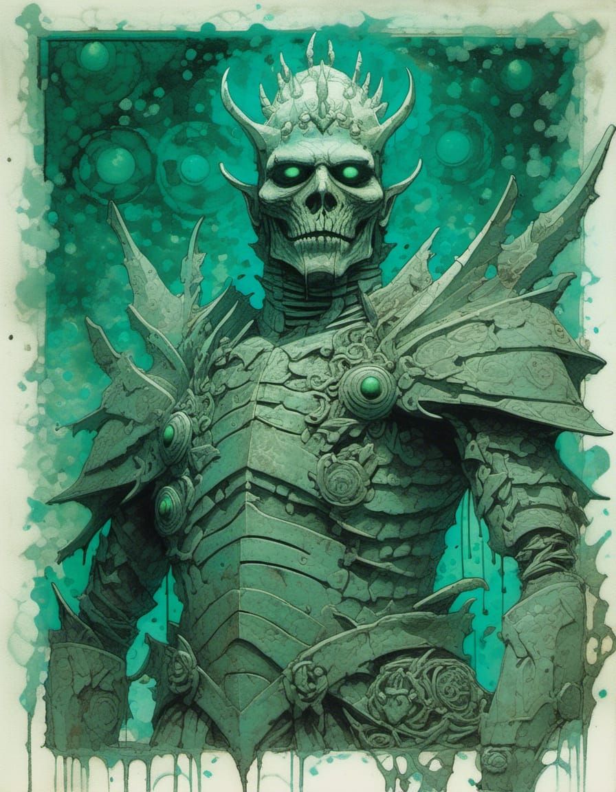 Bioluminescent Zombie King in Pointillist Style