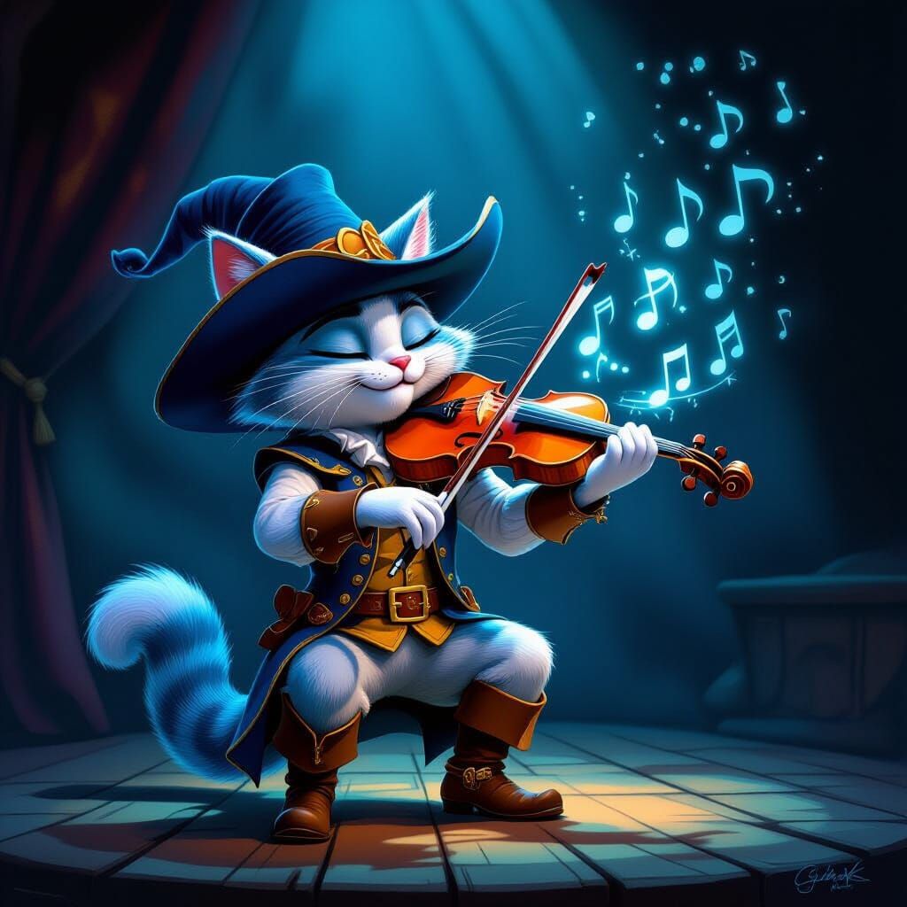 Puss in Boots Plays Violin with Blue Glow in Fairy Tale Styl...