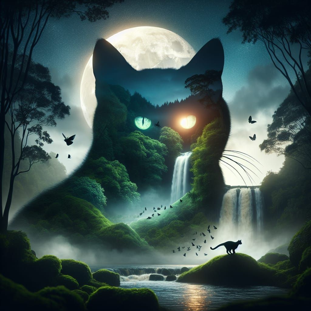 Mystical Cat Landscape in Double Exposure Style