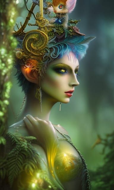 Glass Ceramic Woodland Elf with Crow in Clockpunk Style