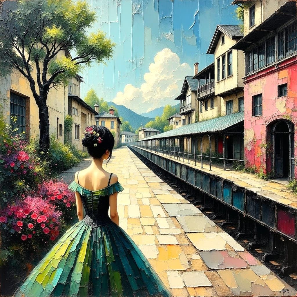 Impasto Painting of Woman Waiting at Train Station