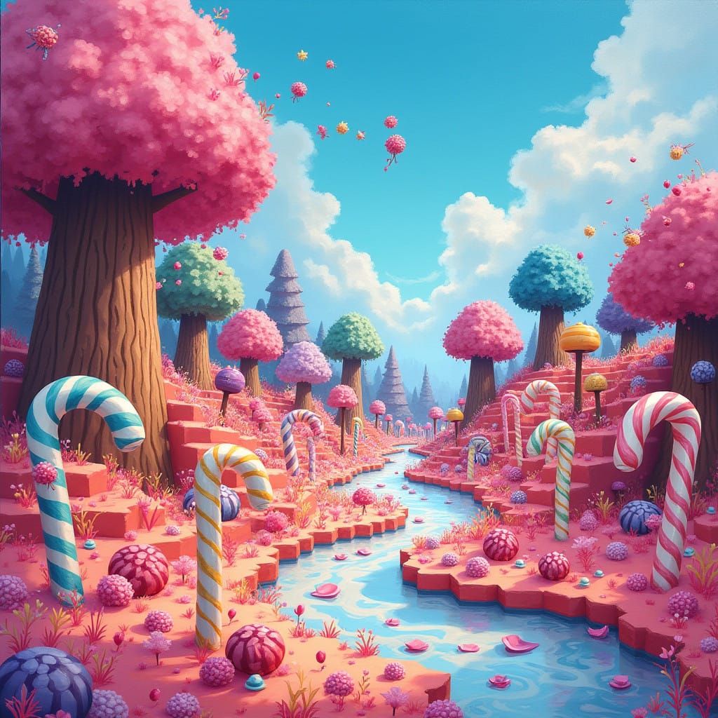 Colorful Candy Minecraft Wonderland in Whimsical Hand-Painte...