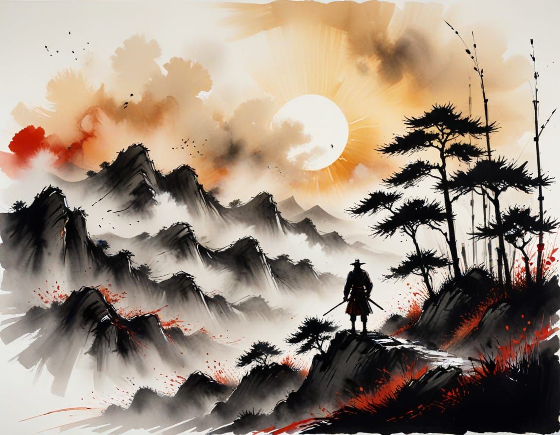 Lone Samurai on Misty Ridge in Sumi-e Style