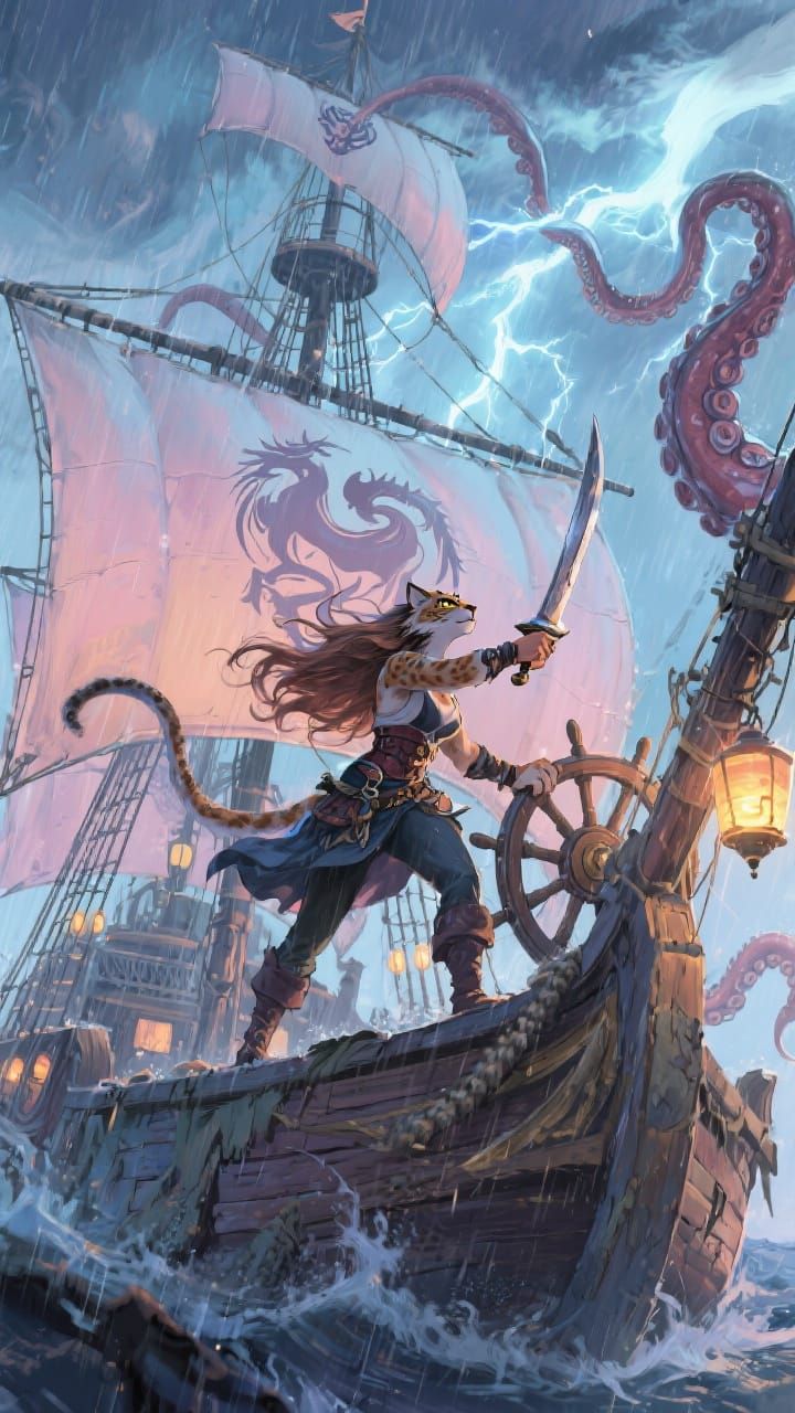 Lynx Pirate Battles Kraken in Pastel Graphic Novel