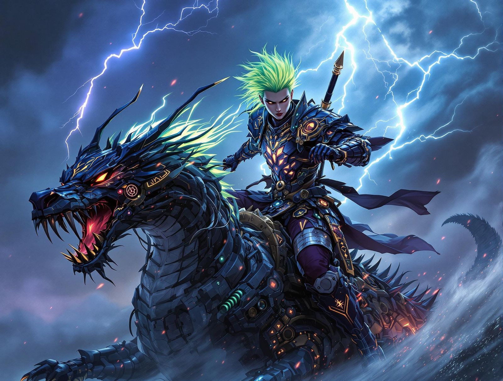 Gothic Samurai Rides Clockwork Dragon in Art Nouveau Style