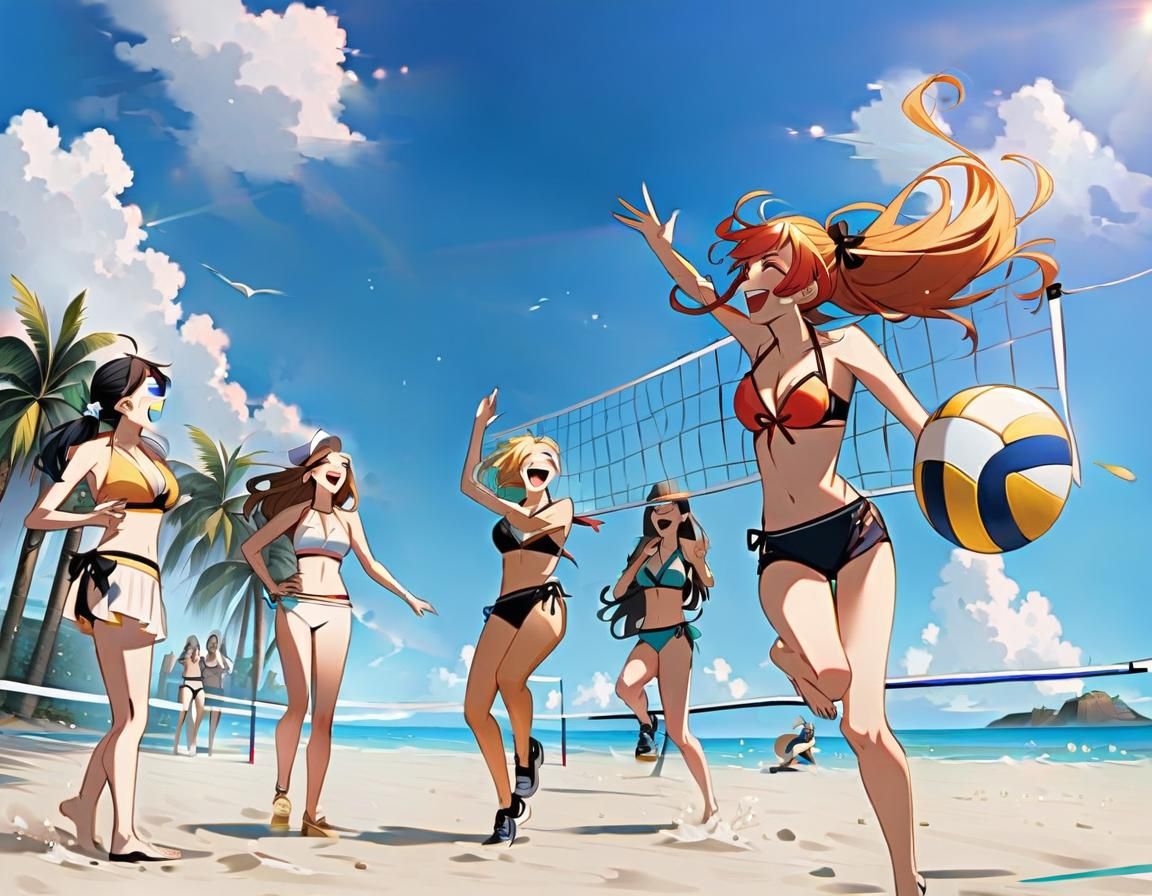 Cute girls playing beach volleyball together