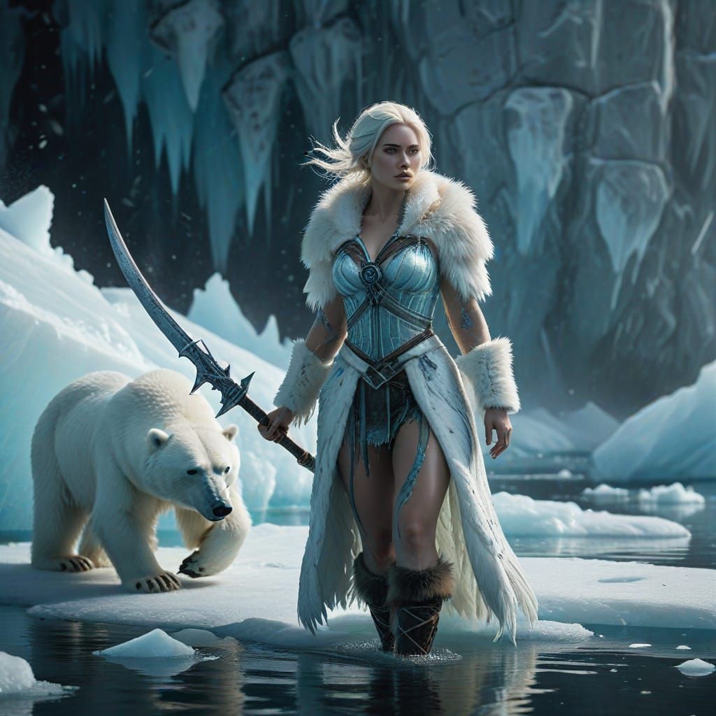 Majestic Ice Maiden with Harpoon and Polar Bear in Arctic