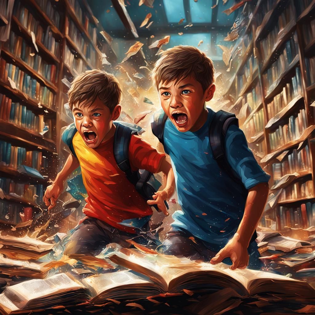 Hyperrealistic Children Expressing Fury in a Library