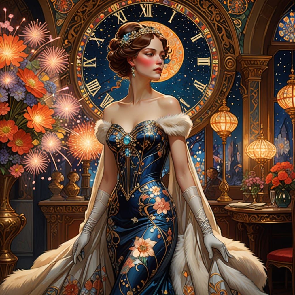 Elegant Woman Under Fireworks