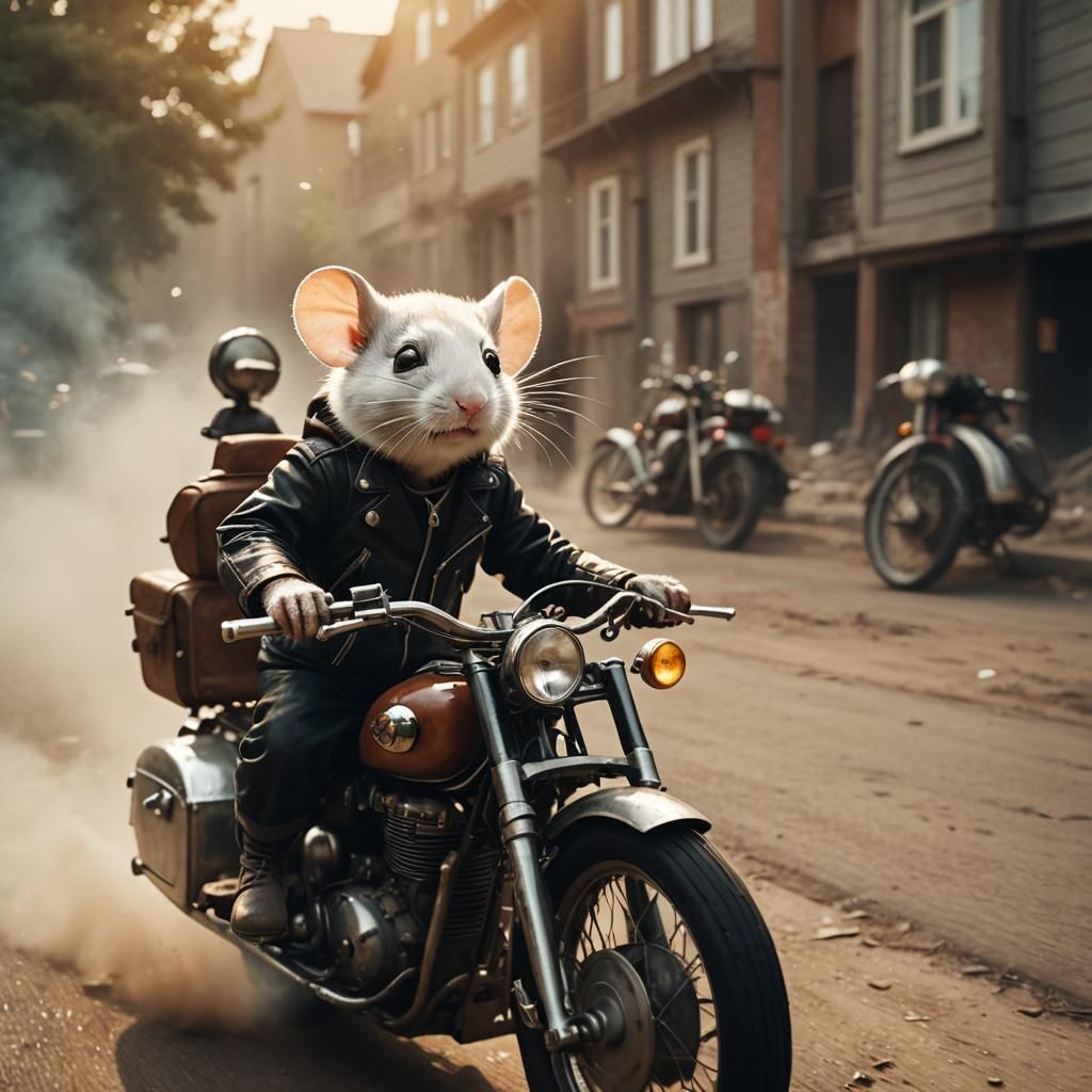 Mouse on Motorcycle in Film Noir Style