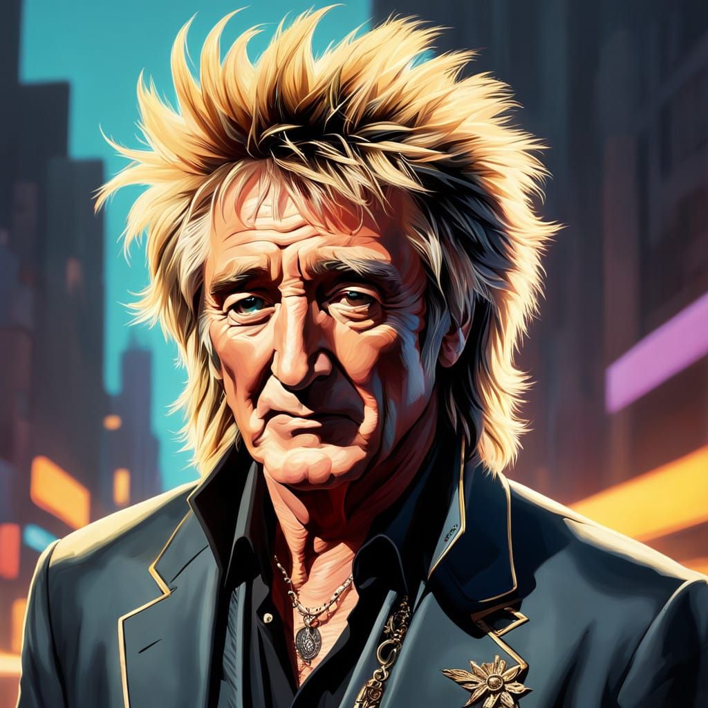 Rock Legend Rod Stewart in Moody, Vibrant Concept Art Style