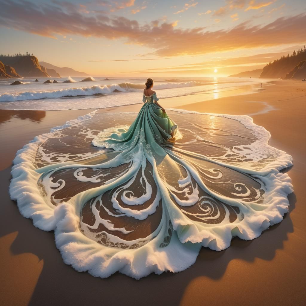 Oregon Beach Sunset: Swirling Dress in Kinkade Style