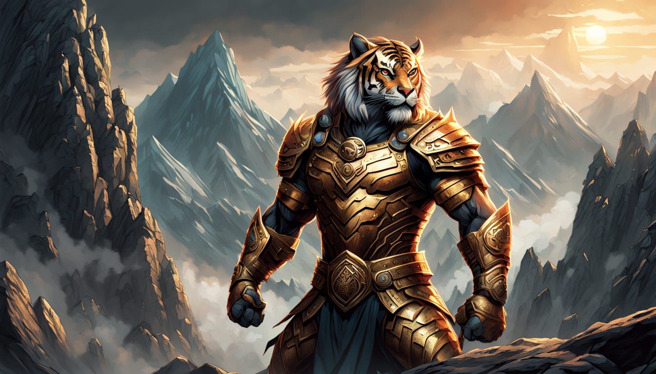 Majestic Warrior Tiger on Rocky Peak in Golden Armor