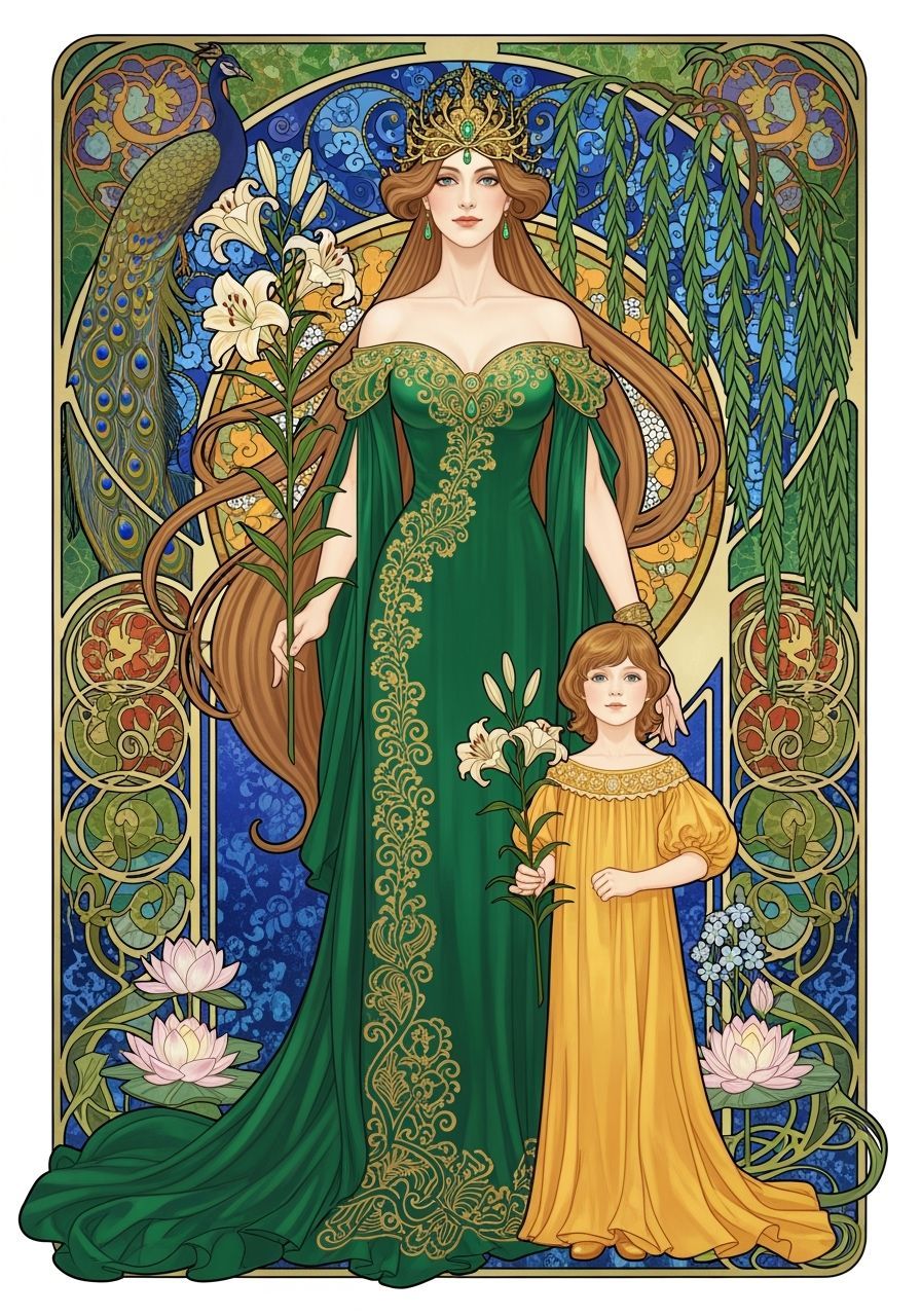 Elegant Woman and Child in Art Nouveau Style