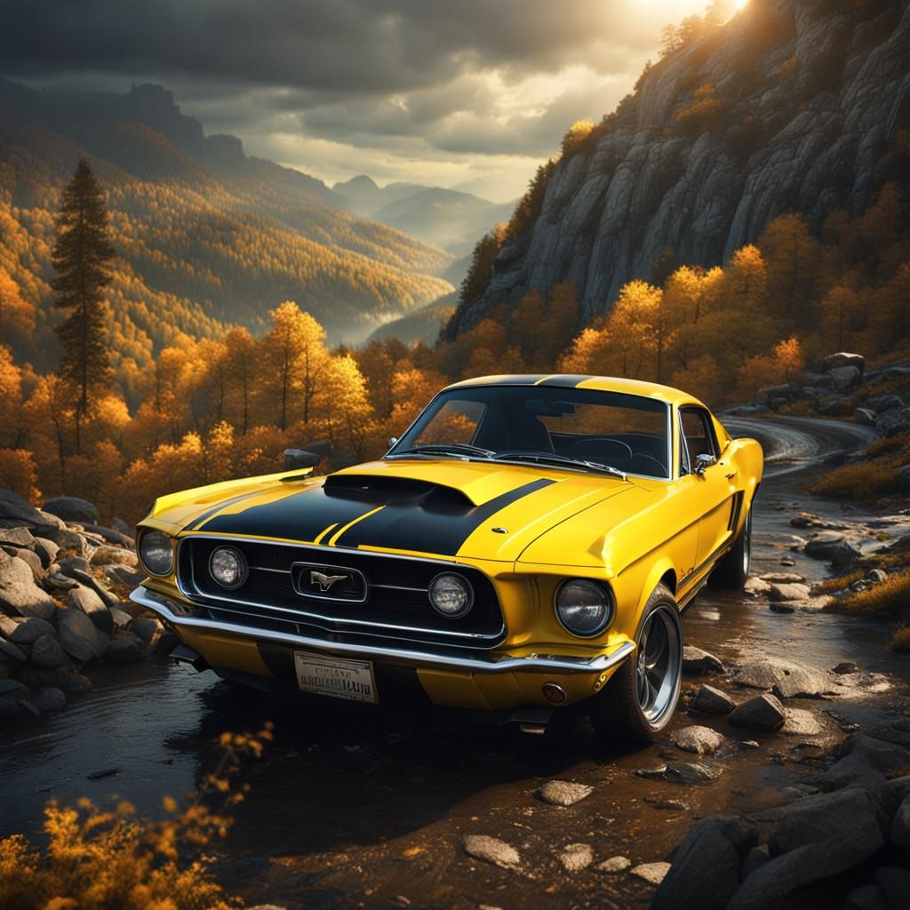 Yellow Mustang in West Virginia Mountains: Detailed Matte Pa...