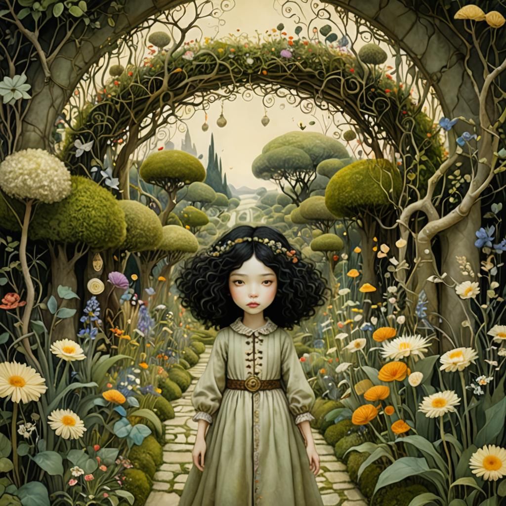 Surreal Girl's Journey Through Whimsical Garden