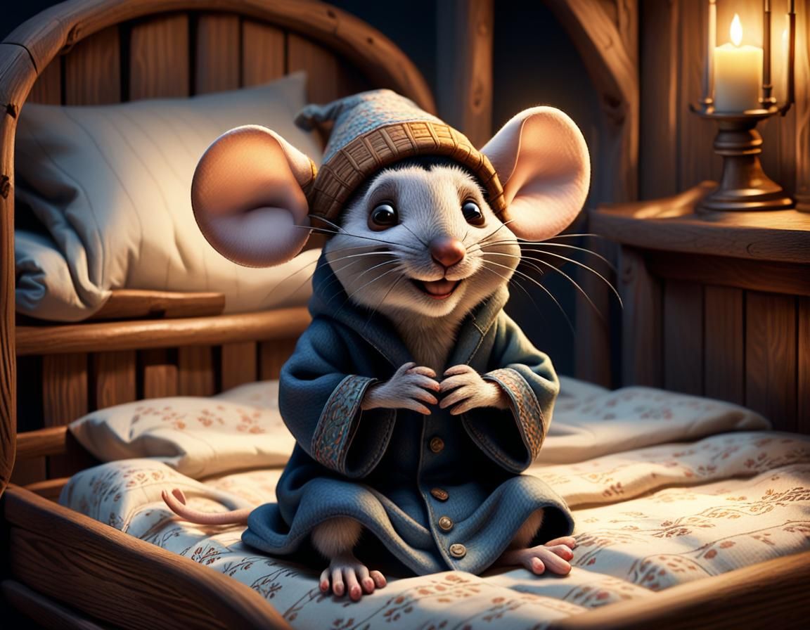 Anthropomorphic Mouse Asleep in Rustic Bedroom