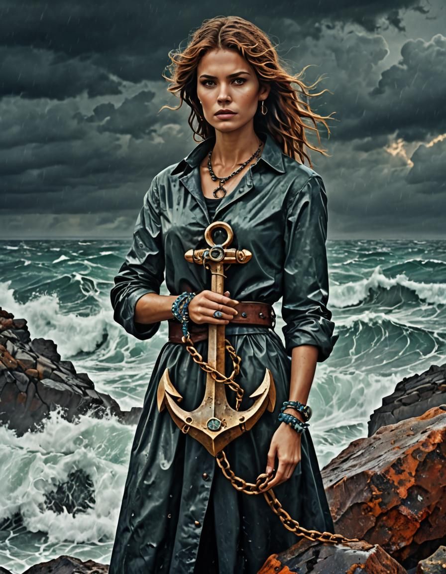 Person with Anchor on Stormy Shore: Digital Art