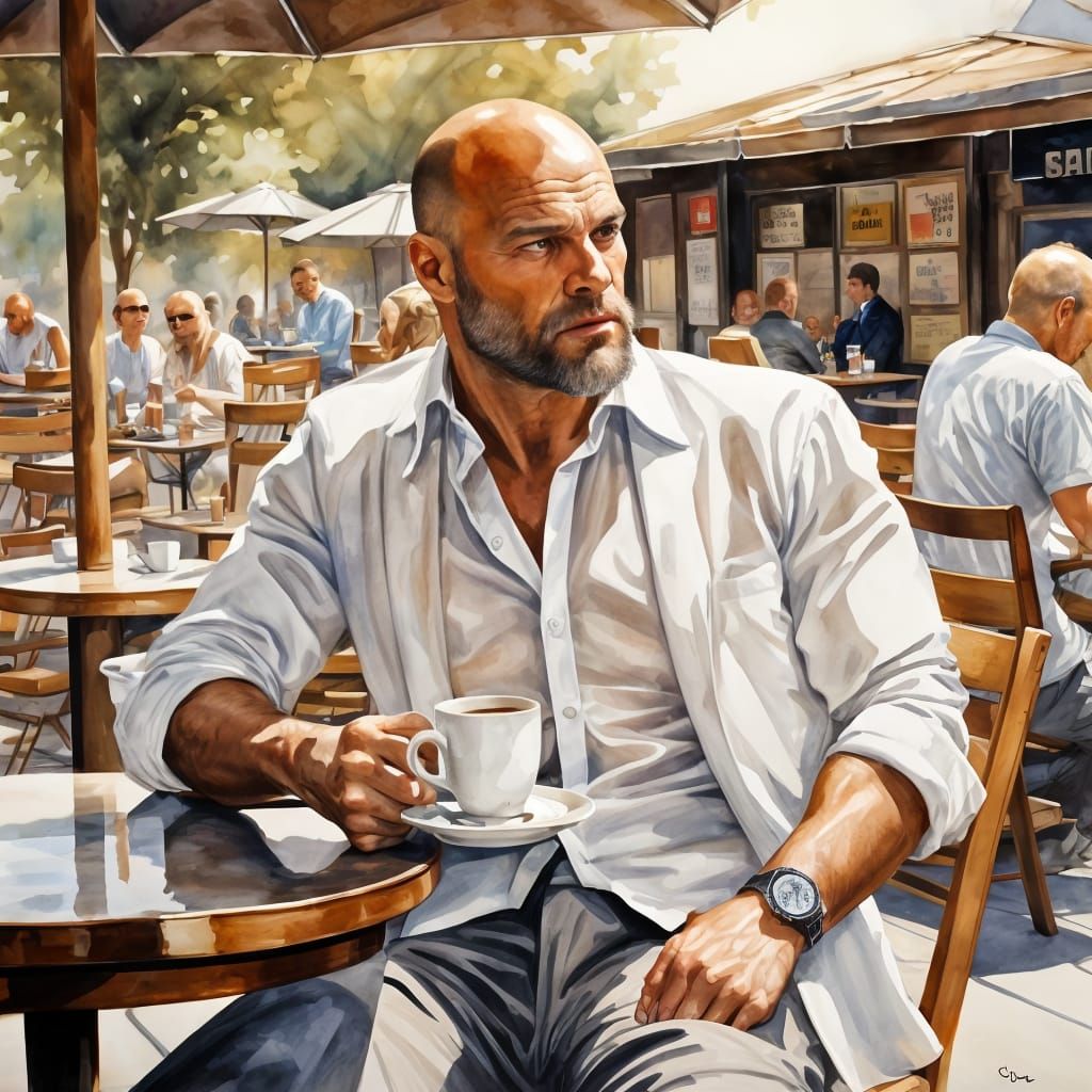Watercolor Painting of Man at Outdoor Cafe