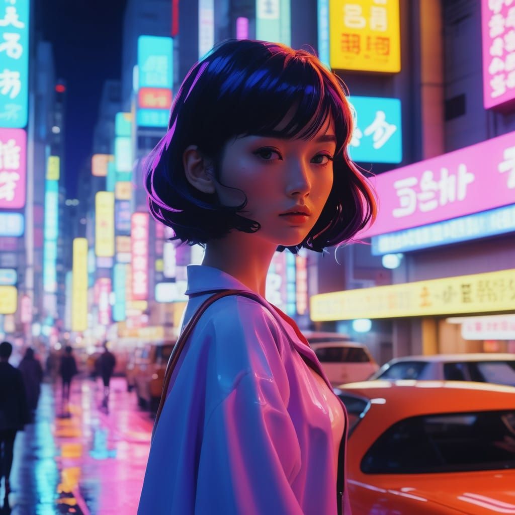 Marinette in Tokyo: Dynamic Anime Scene with Neon Lights